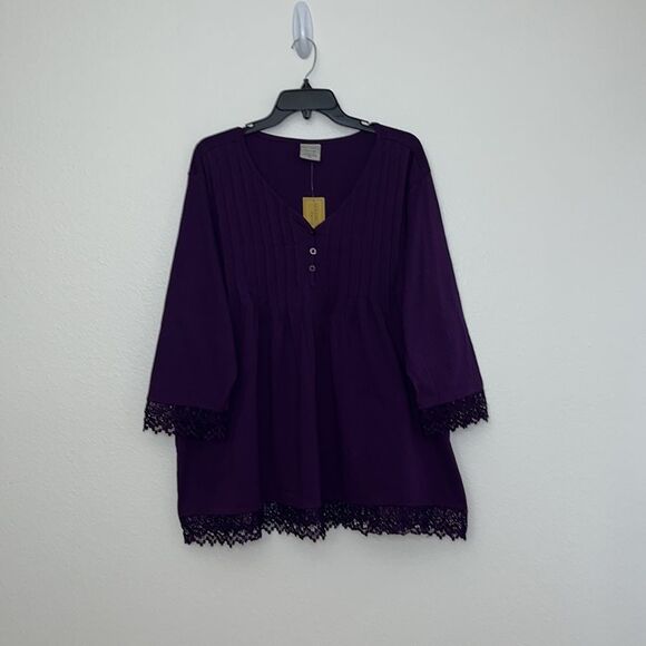 Gold Coast Always in Style Purple Lace Hem Henley Cotton Blouse Women's XXL - Picture 2 of 13